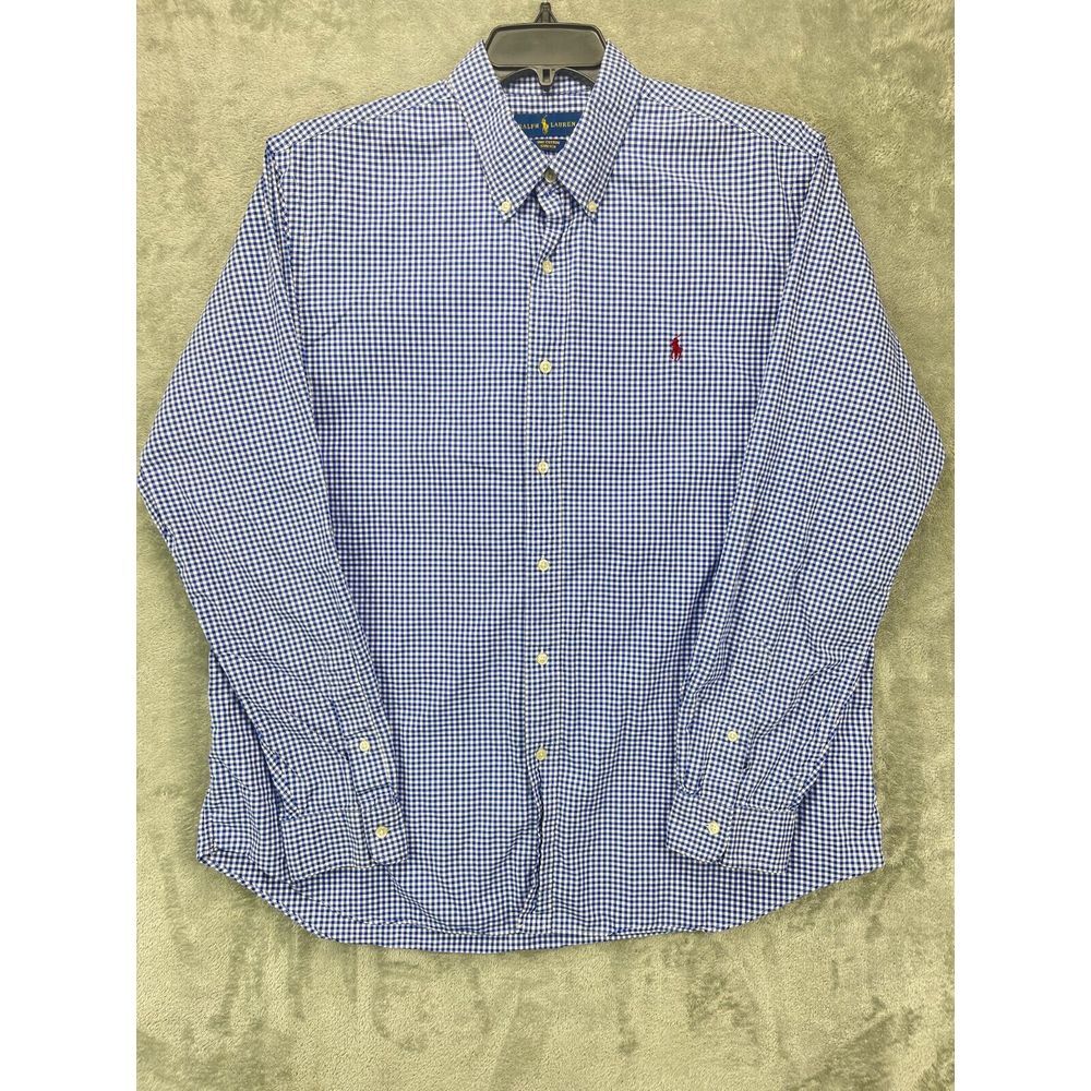 Ralph Lauren Mens Shirt XL‎ Blue Check Button Up Long 100% Cotton Stretch Pony